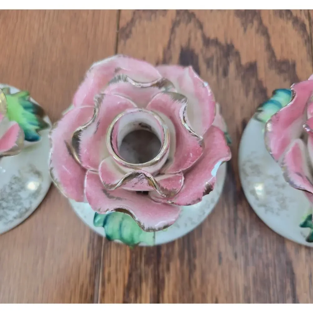 Vintage Commodore Japan Pink Rose Candle Holders Set of 3‎ Porcelain MCM